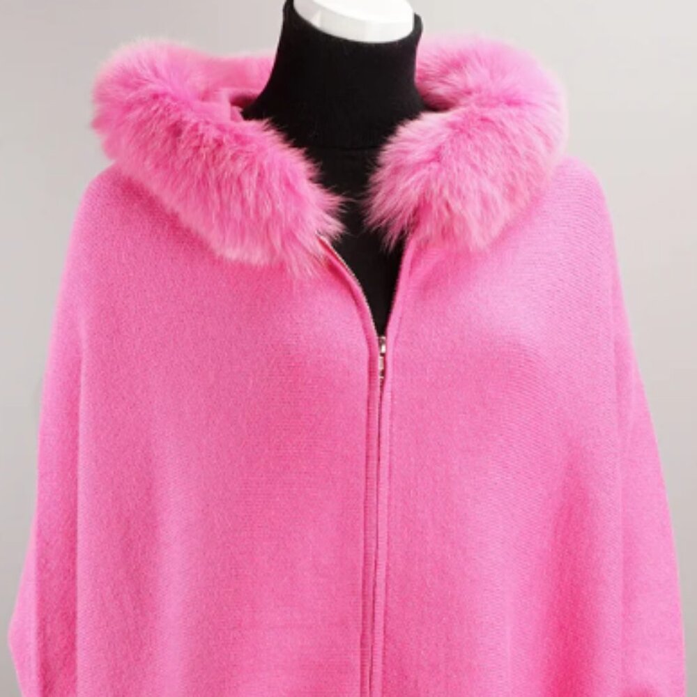 NWT MITCHIE'S MATCHINGS Hooded Zip Poncho with Fox Trim - Hot Pink | OS